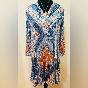 Lola P. Boho Patchwork Dress Tassel Tie Hem Rayon Sz S NWOT